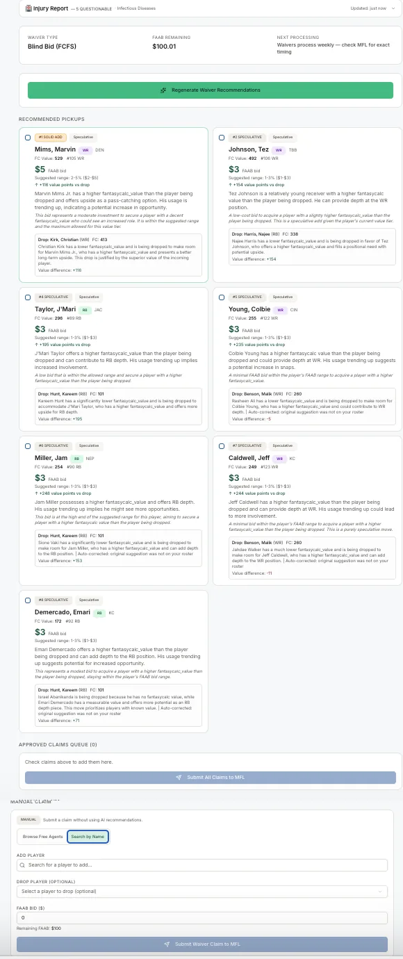 War Room Waiver Wire showing AI-ranked FAAB bid recommendations for dynasty fantasy football free agents