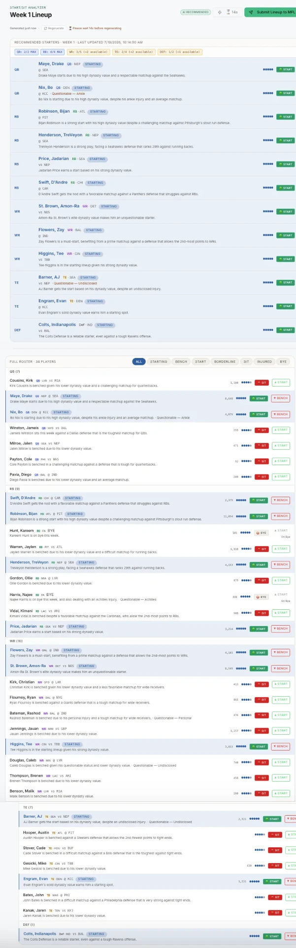 War Room Start/Sit Analyzer showing AI-recommended starting lineup for MFL and Sleeper fantasy football leagues